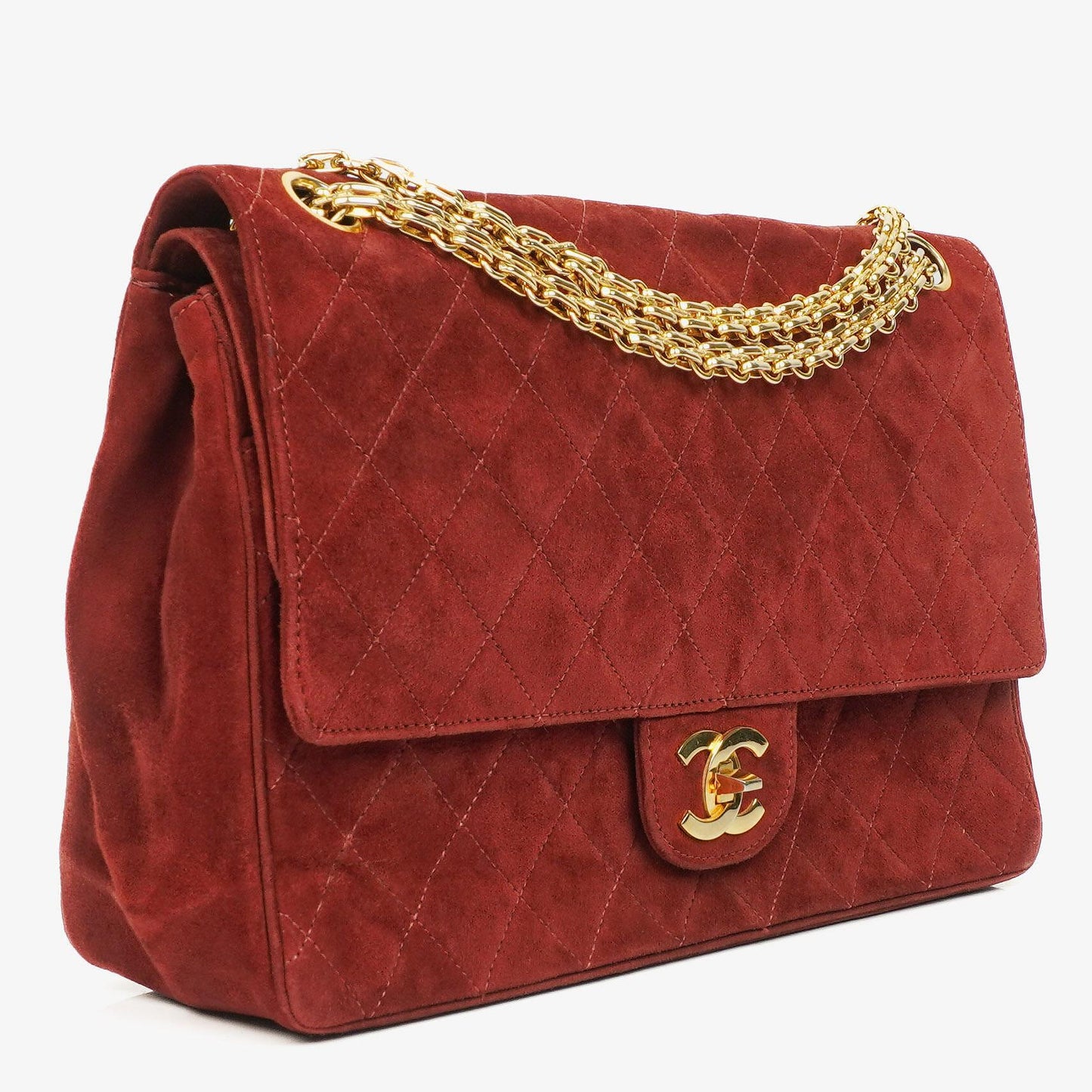 Chanel Vintage Medium Timeless Classic Double Flap Tasche aus burgunderfarbenem Wildleder mit goldfarbener Hardware und Mademoiselle-Kette