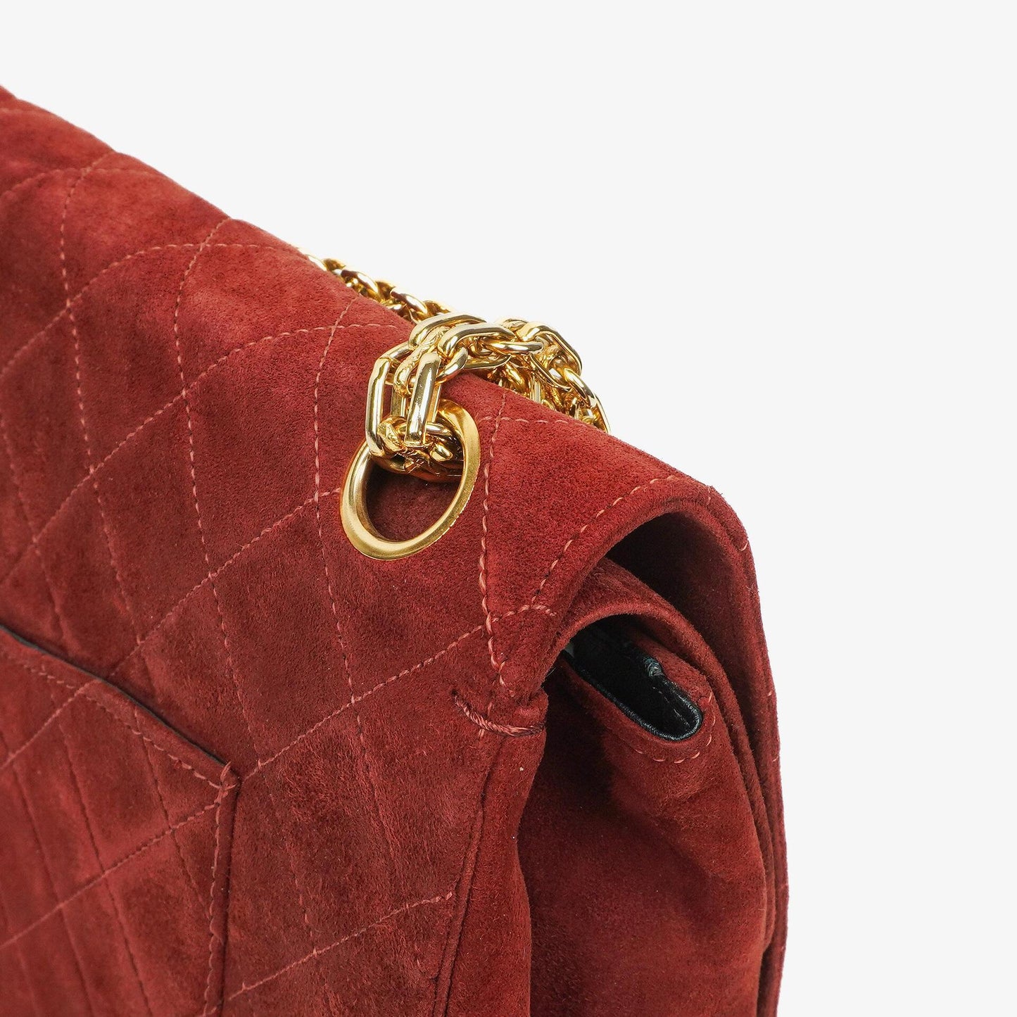 Chanel Vintage Medium Timeless Classic Double Flap Tasche aus burgunderfarbenem Wildleder mit goldfarbener Hardware und Mademoiselle-Kette