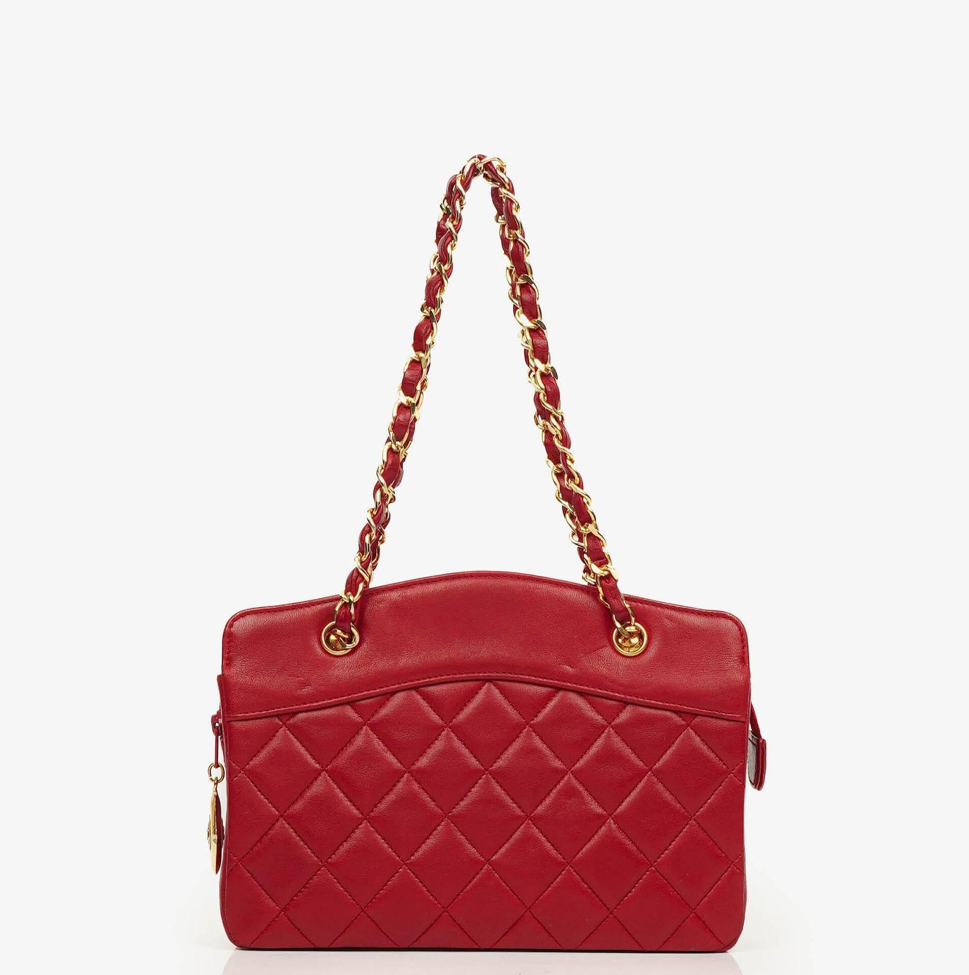 Chanel Vintage Mini Chain Tote Bag aus rotem gestepptem Lammleder