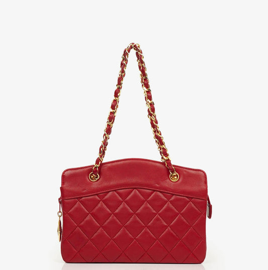Chanel Vintage Mini Chain Tote Bag aus rotem gestepptem Lammleder