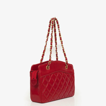 Chanel Vintage Mini Chain Tote Bag aus rotem gestepptem Lammleder