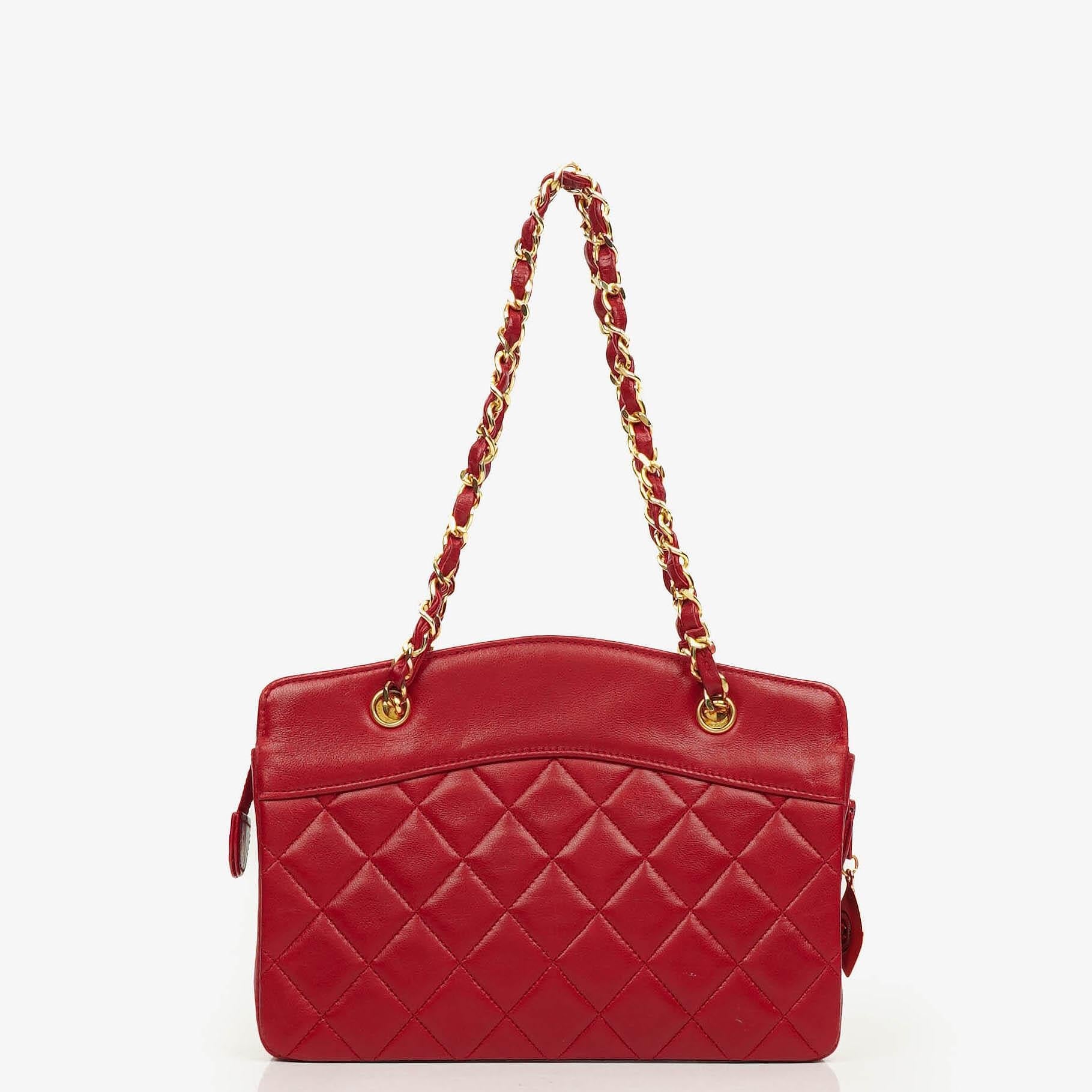 Chanel Vintage Mini Chain Tote Bag aus rotem gestepptem Lammleder