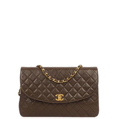 Chanel Vintage Round Flap Bag aus braunem gestepptem Lammleder mit 24K goldplattierter Hardware