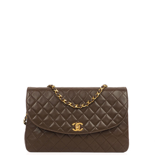 Chanel Vintage Round Flap Bag aus braunem gestepptem Lammleder mit 24K goldplattierter Hardware