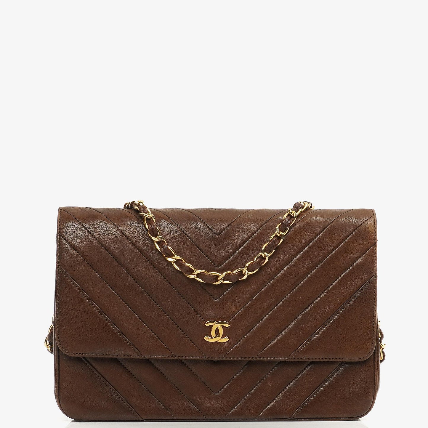 Chanel Mittlere Klassische Einzelklappen Tasche Braune Chevron Gequiltete Lammleder 24K Goldbeschichtetes Zubehör