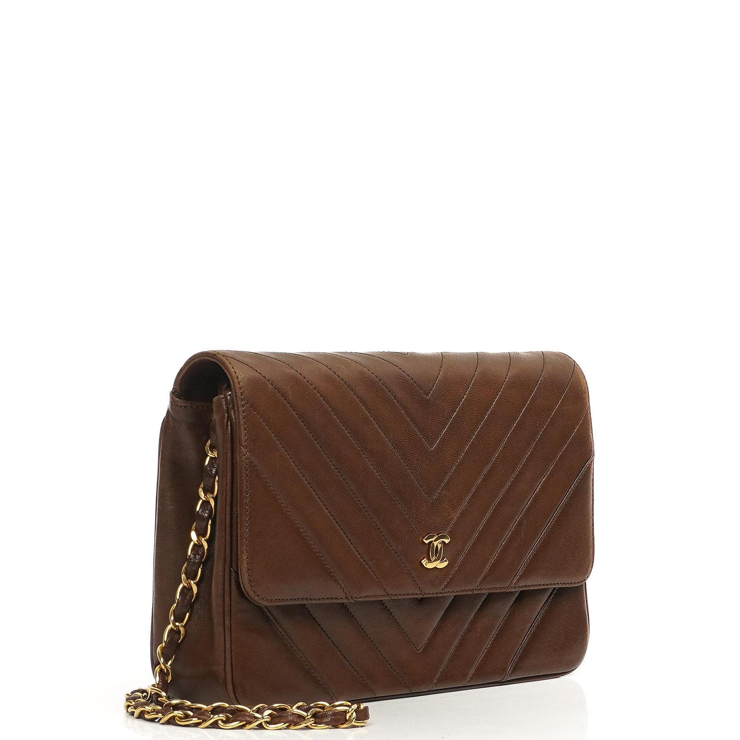 Chanel Mittlere Klassische Einzelklappen Tasche Braune Chevron Gequiltete Lammleder 24K Goldbeschichtetes Zubehör