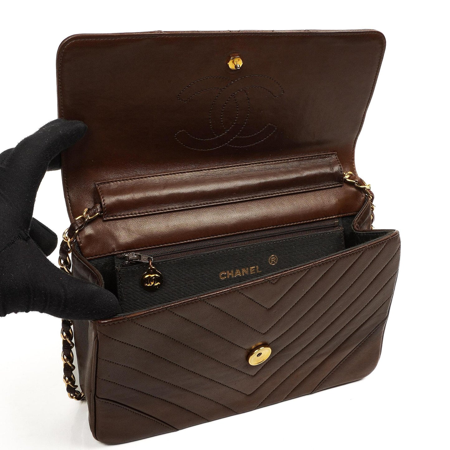 Chanel Mittlere Klassische Einzelklappen Tasche Braune Chevron Gequiltete Lammleder 24K Goldbeschichtetes Zubehör