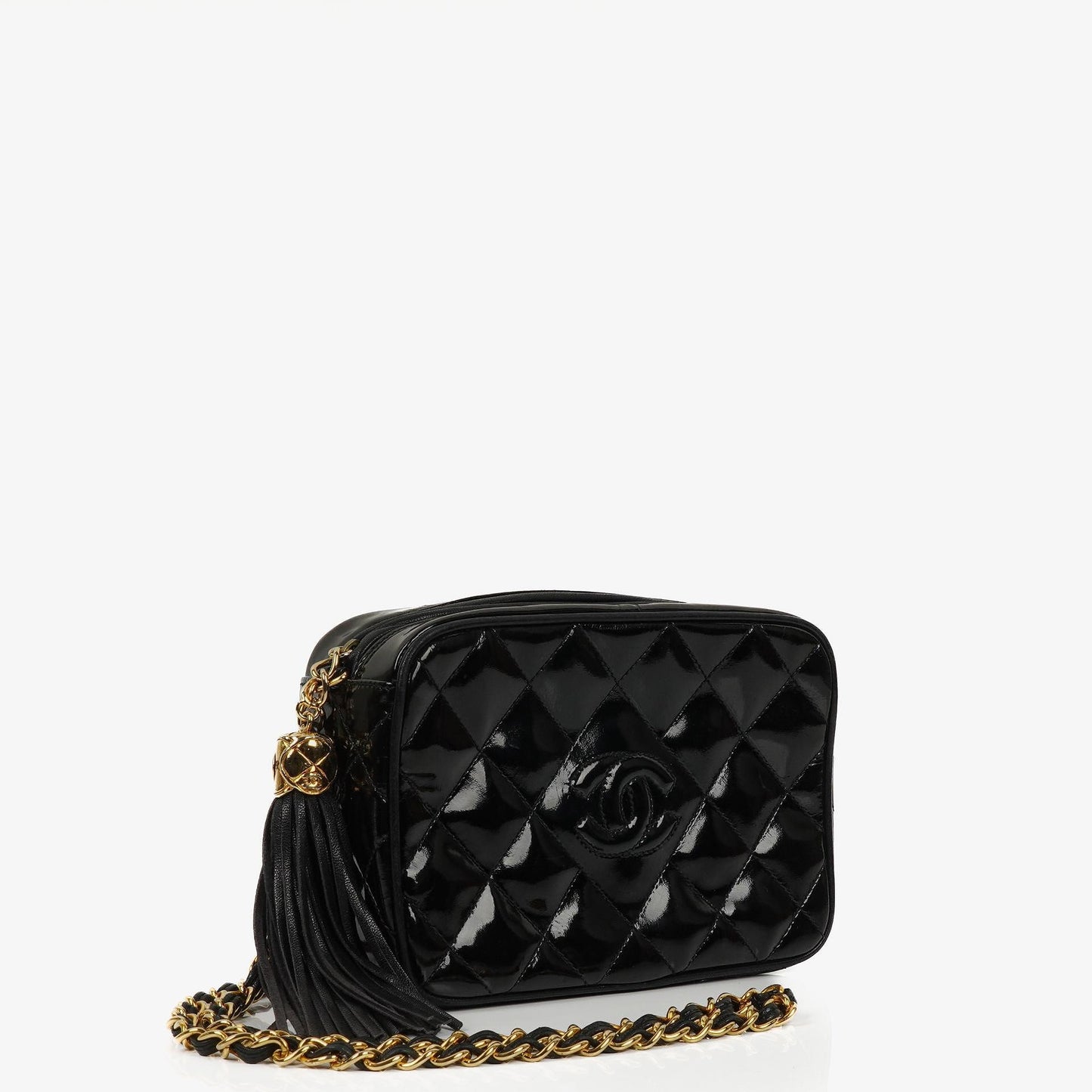 Chanel Vintage Kleine Kamera Quaste Tasche In Schwarz Stepp Lackleder