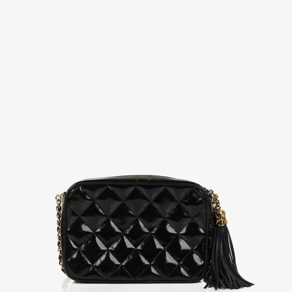 Chanel Vintage Kleine Kamera Quaste Tasche In Schwarz Stepp Lackleder