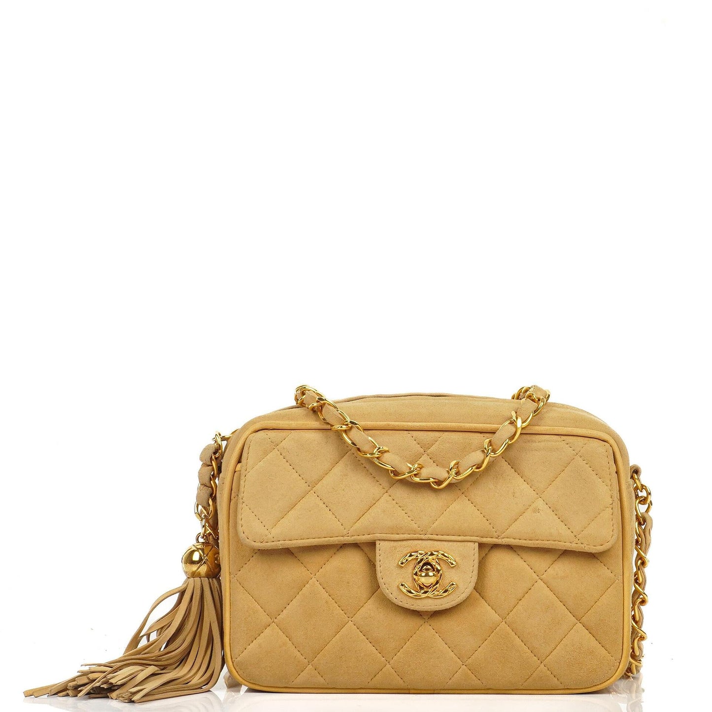 Chanel Vintage Small Camera Tassel Bag aus goldfarbenem gestepptem Wildleder mit CC Logo Fronttasche
