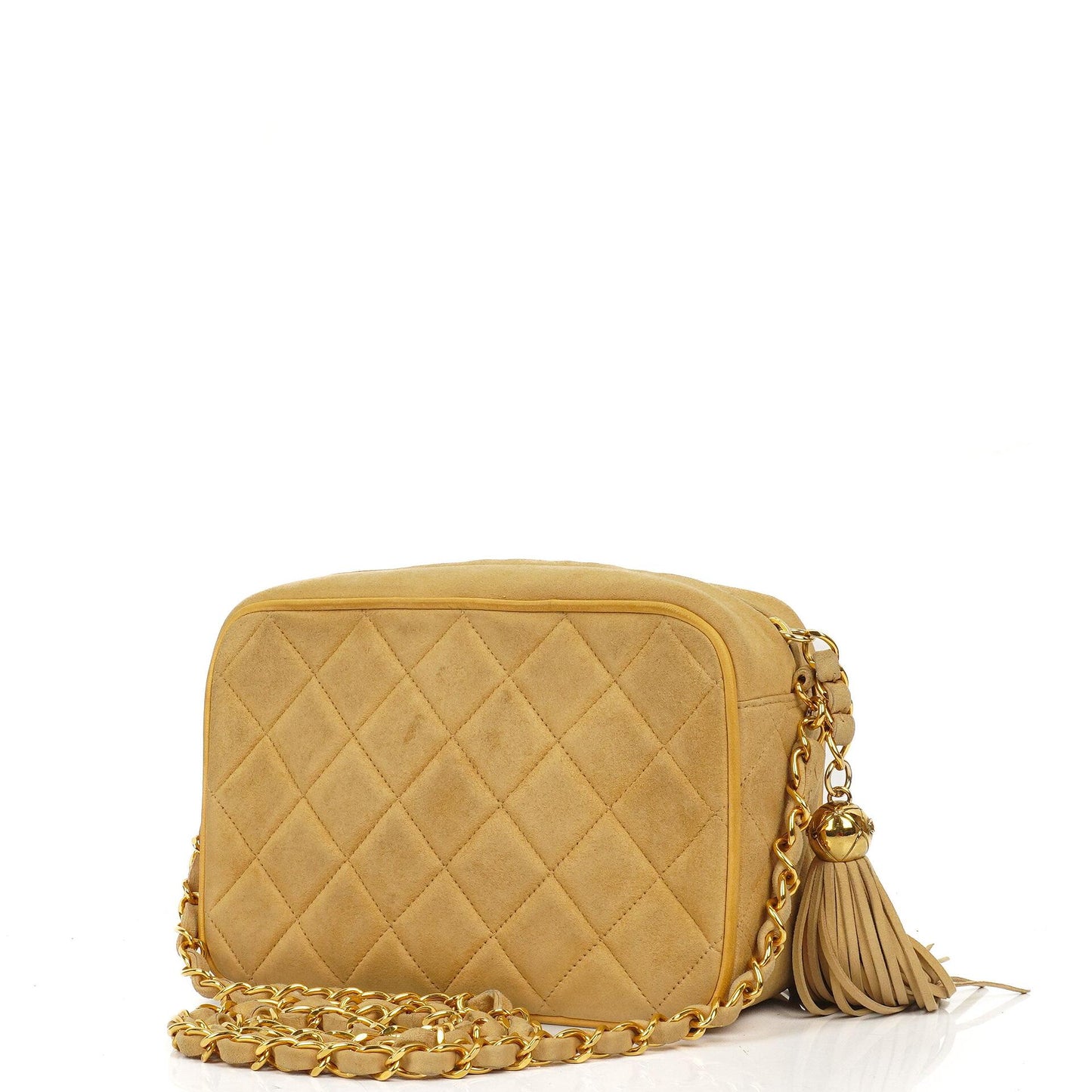 Chanel Vintage Small Camera Tassel Bag aus goldfarbenem gestepptem Wildleder mit CC Logo Fronttasche