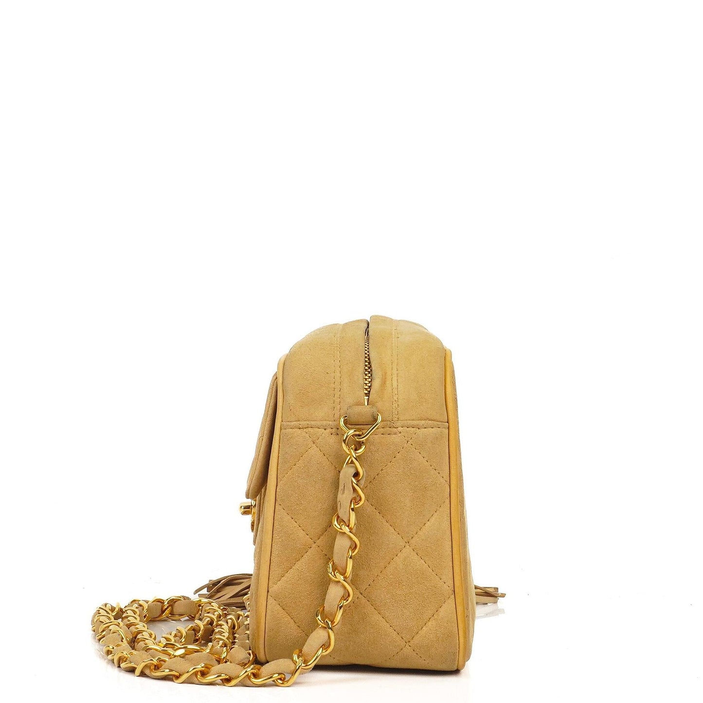 Chanel Vintage Small Camera Tassel Bag aus goldfarbenem gestepptem Wildleder mit CC Logo Fronttasche