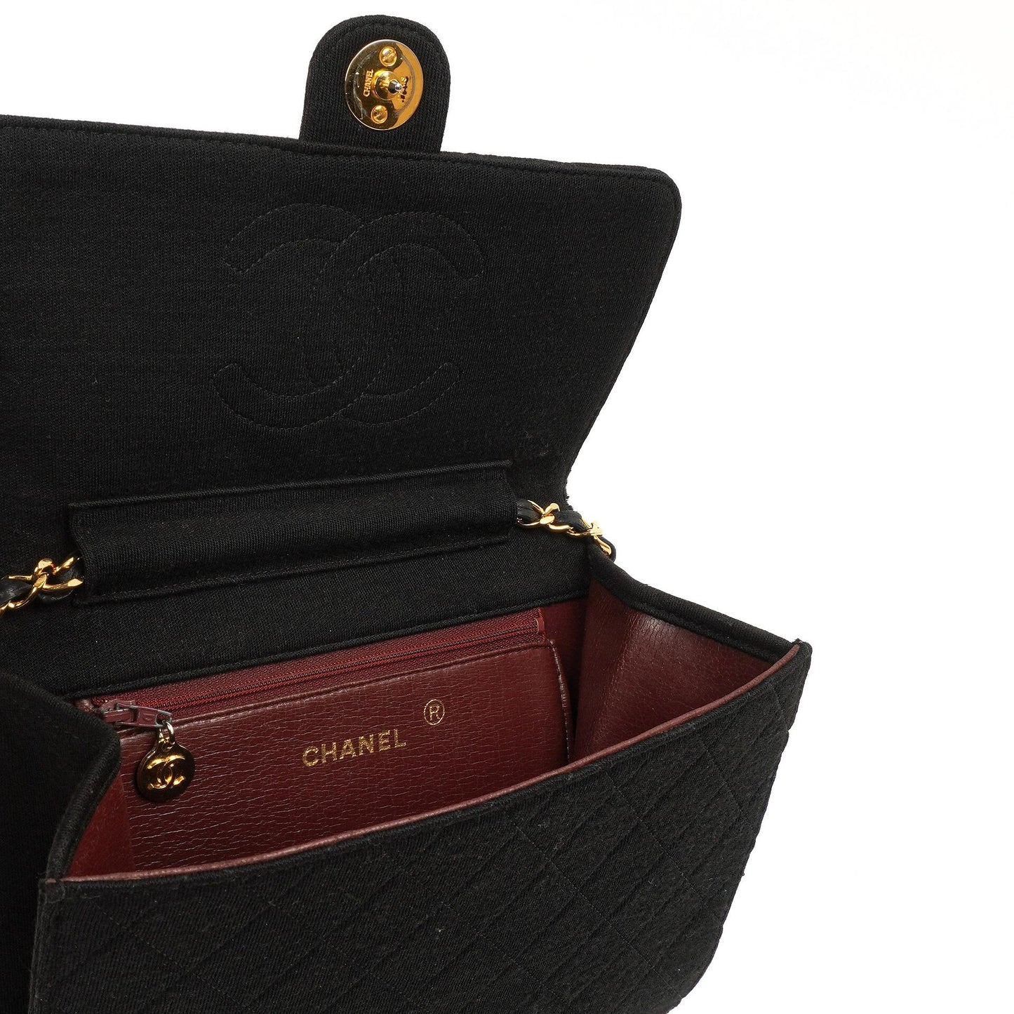 Chanel Vintage Small Classic Single Flap Bag Schwarz Gequiltetes Jersey mit 24K Gold Hardware