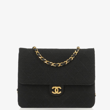 Chanel Vintage Small Classic Single Flap Bag Schwarz Gequiltetes Jersey mit 24K Gold Hardware