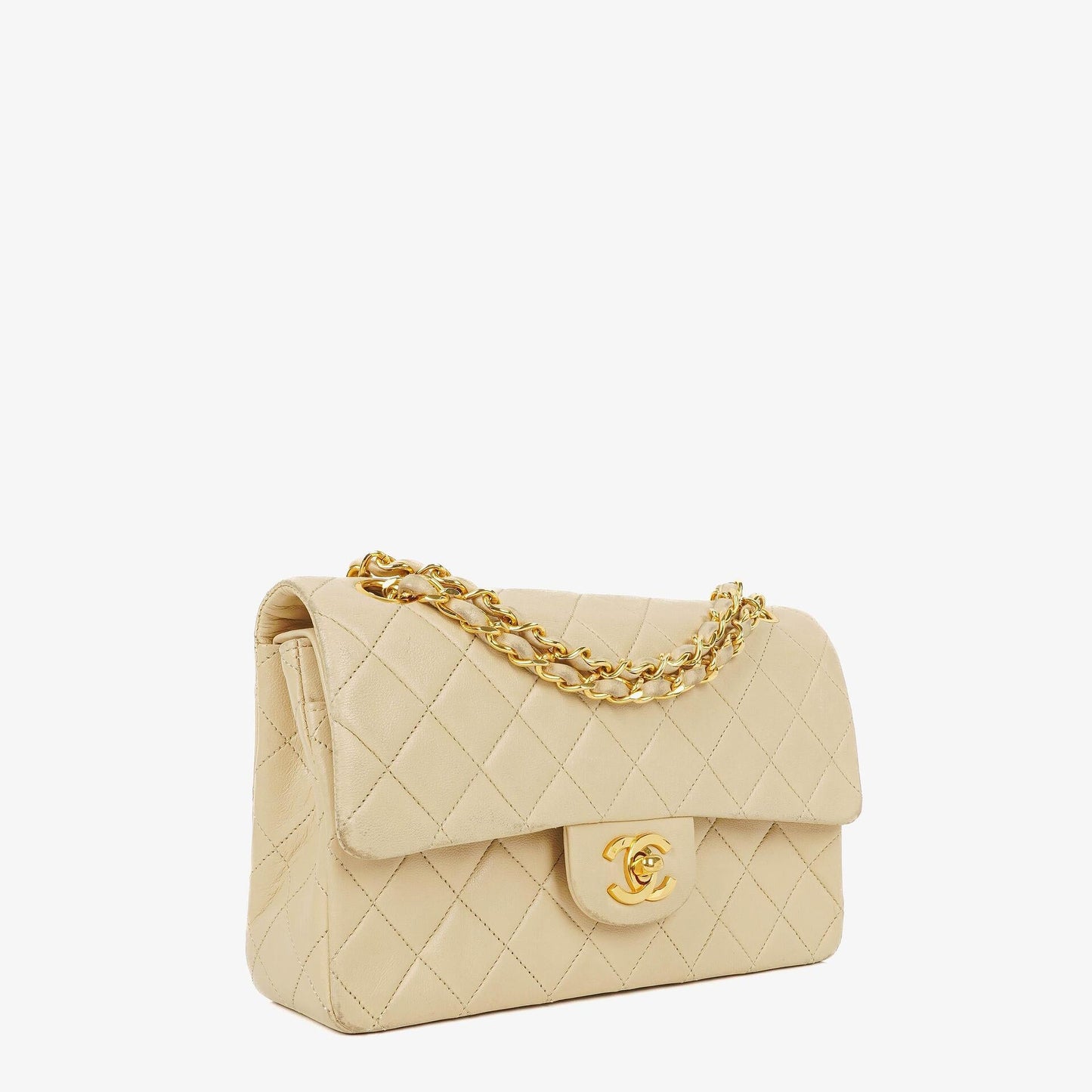 Chanel Vintage Small Classic Double Flap Tasche aus beigem gestepptem Lammleder mit 24K vergoldeter Hardware