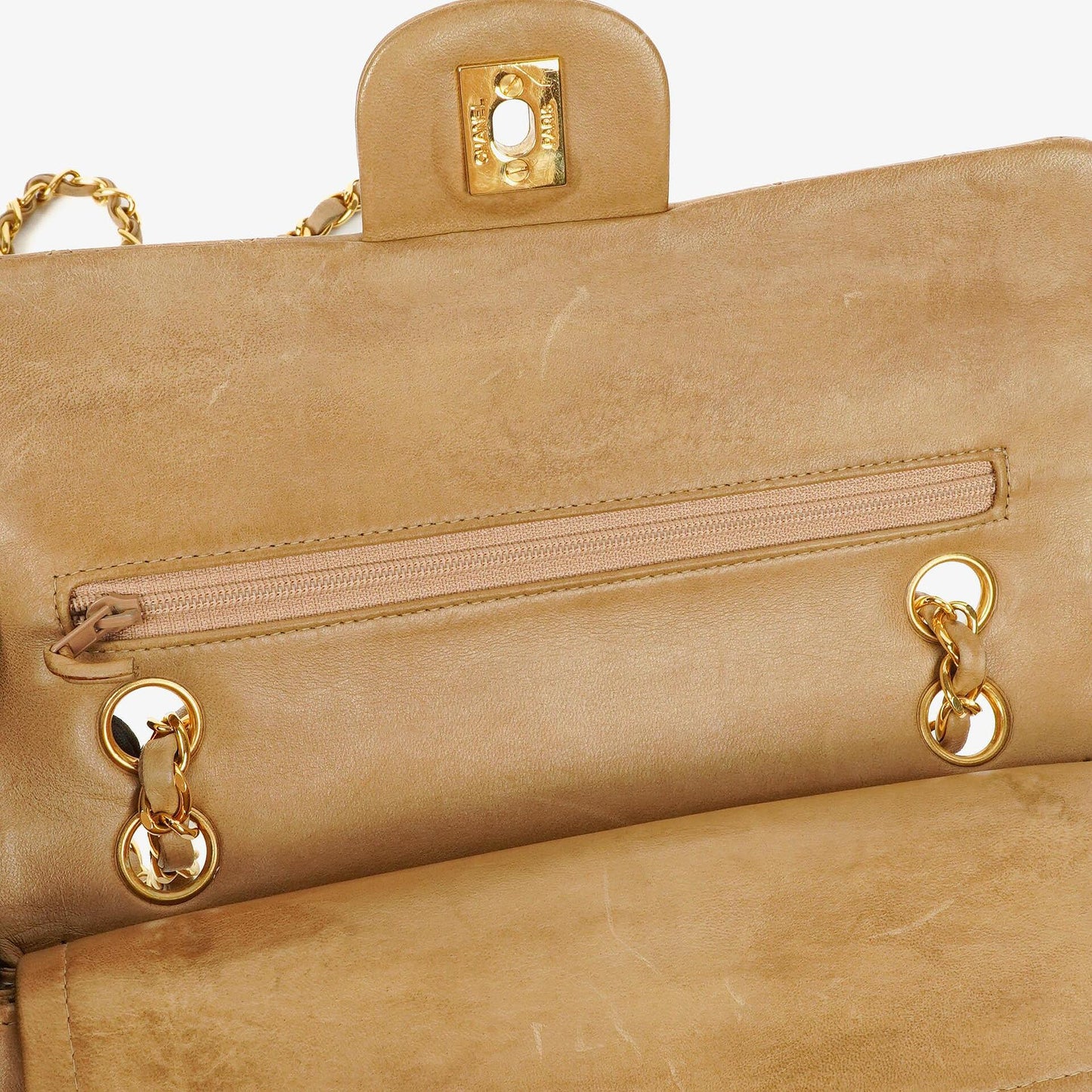 Chanel Vintage Small Classic Double Flap Tasche aus beigem gestepptem Leder mit 24K vergoldeten Beschlägen