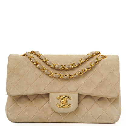 Chanel Vintage Kleine Klassische Double Flap Tasche Beige Wildleder 24K Vergoldete Beschläge, 1986-1988