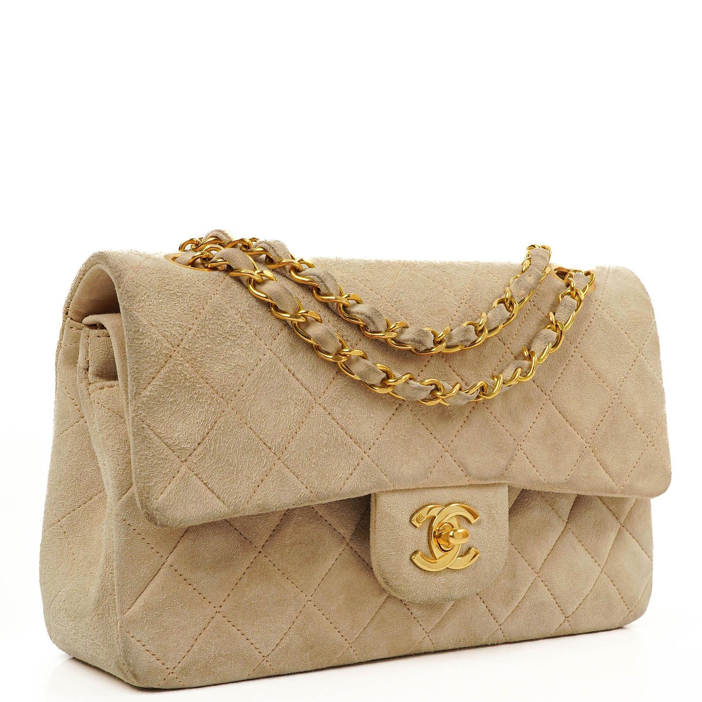 Chanel Vintage Kleine Klassische Double Flap Tasche Beige Wildleder 24K Vergoldete Beschläge, 1986-1988