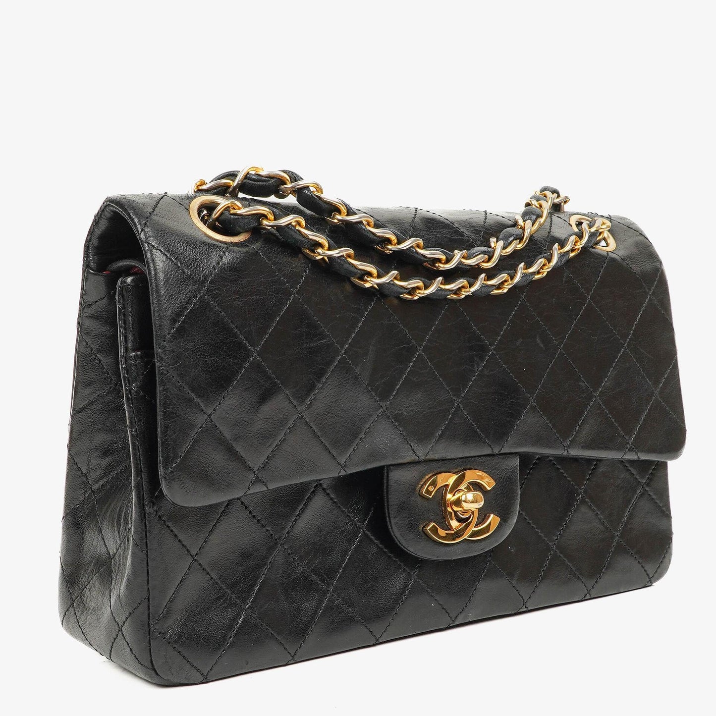 Chanel Vintage Kleine Classic Double Flap Tasche aus schwarzem gestepptem Lammleder mit 24K vergoldeten Beschlägen