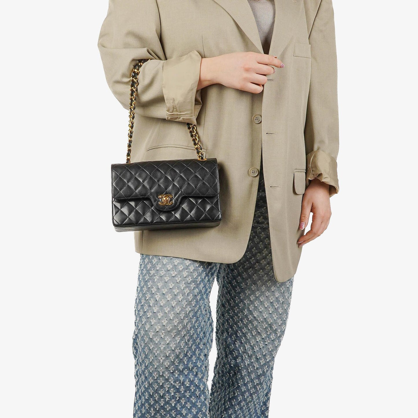 Chanel Vintage Kleine Klassische Double Flap Tasche Schwarz Gestepptes Lammleder 24K Vergoldete Beschläge