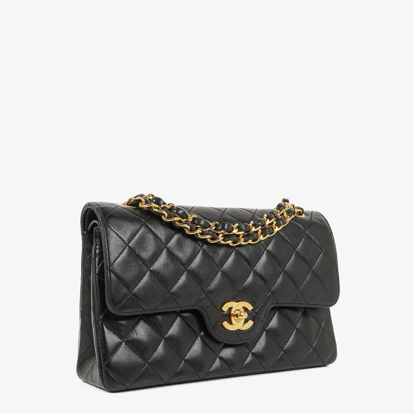 Chanel Vintage Kleine Klassische Double Flap Tasche Schwarz Gestepptes Lammleder 24K Vergoldete Beschläge