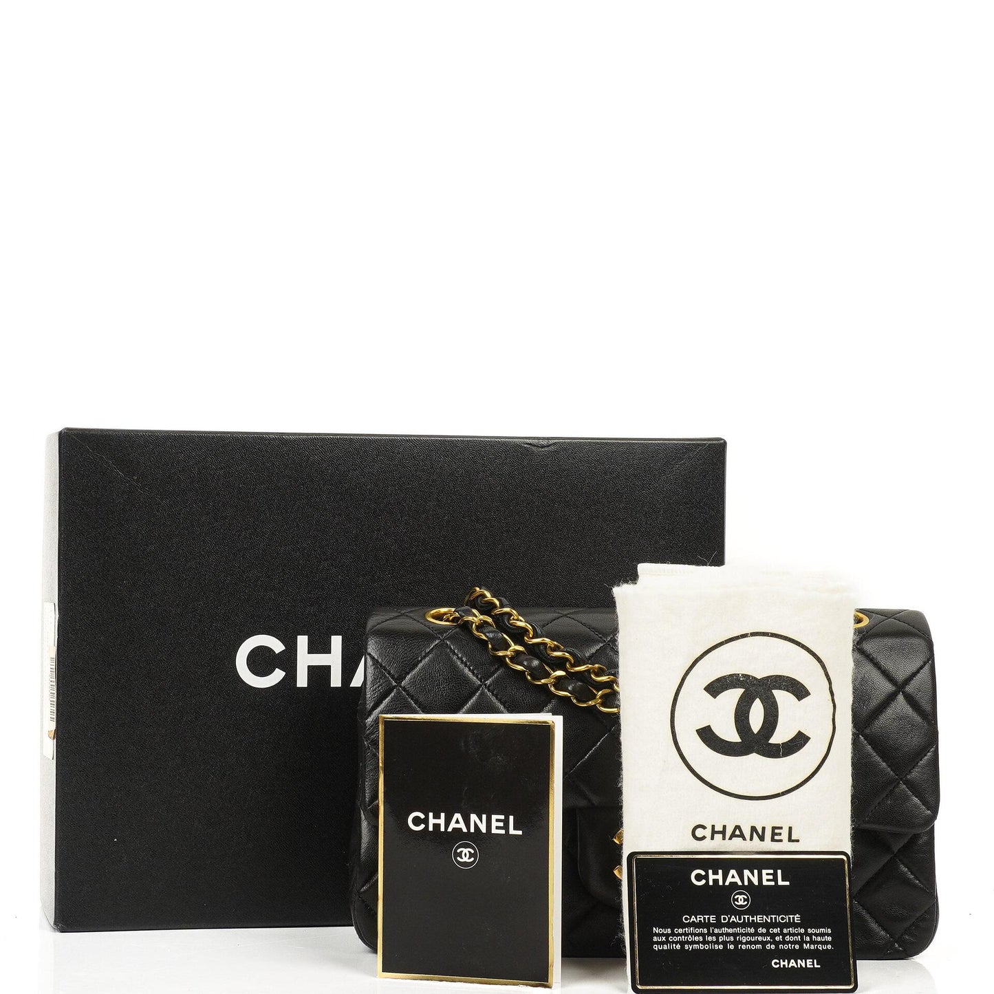 Chanel Vintage Small Classic Double Flap Bag aus schwarzem gestepptem Lammleder mit 24K goldplattierter Hardware