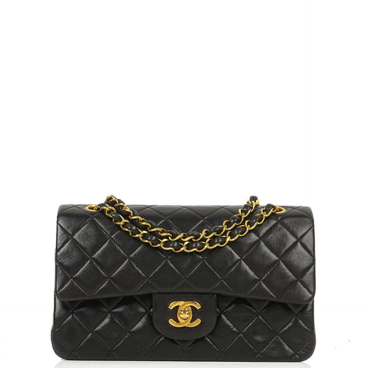 Chanel Vintage Small Classic Double Flap Bag aus schwarzem gestepptem Lammleder mit 24K goldplattierter Hardware