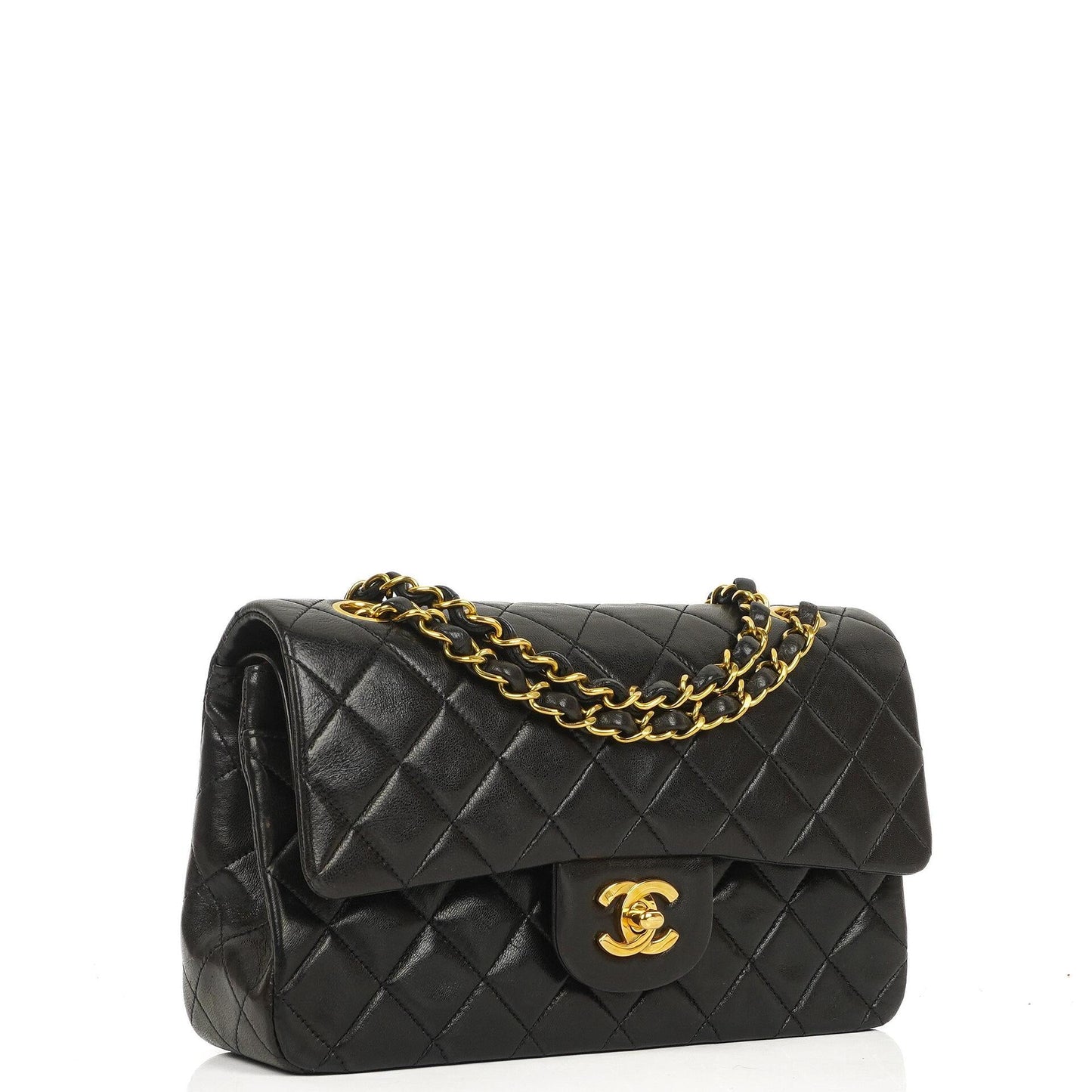 Chanel Vintage Small Classic Double Flap Bag aus schwarzem gestepptem Lammleder mit 24K goldplattierter Hardware
