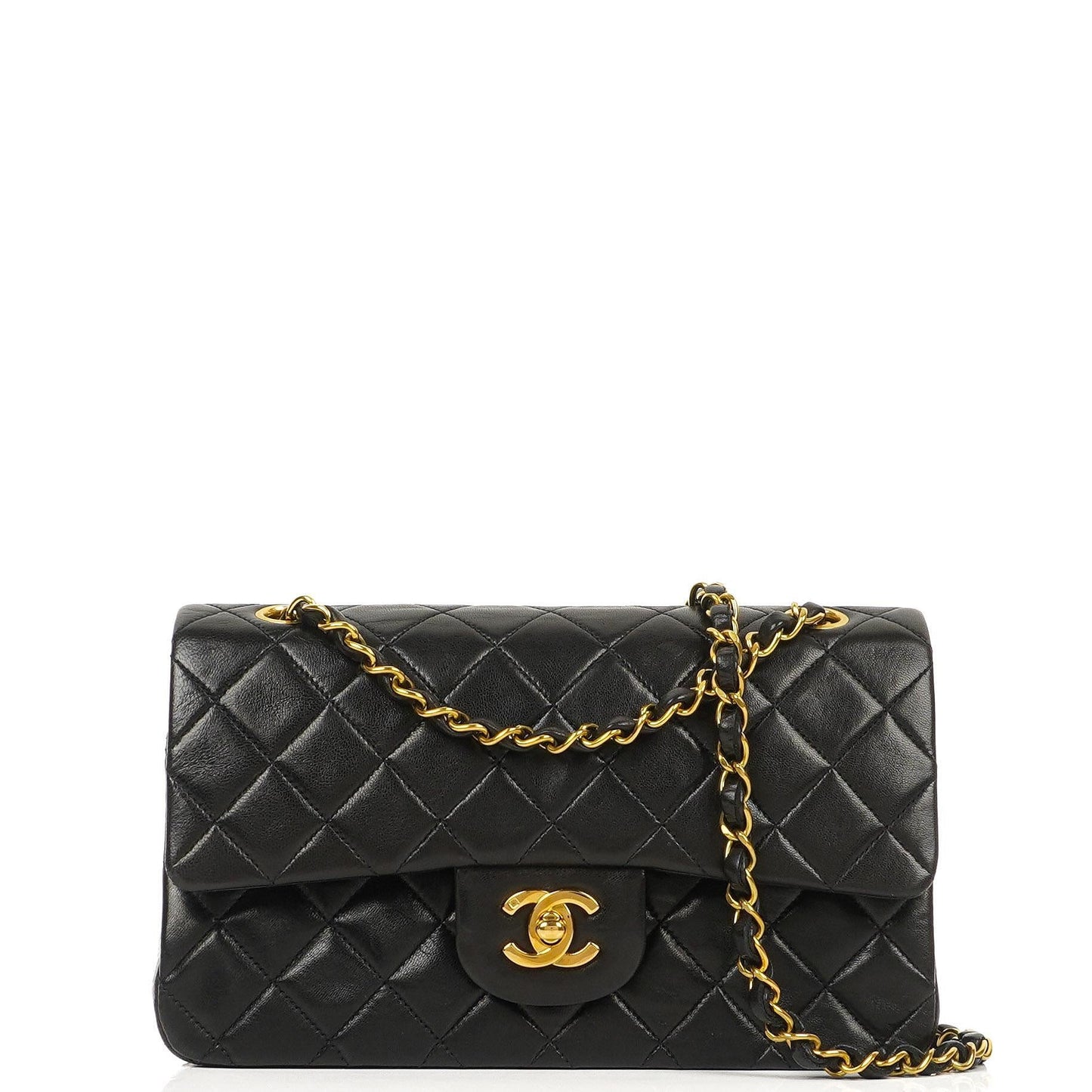 Chanel Vintage Small Classic Double Flap Bag aus schwarzem gestepptem Lammleder mit 24K goldplattierter Hardware