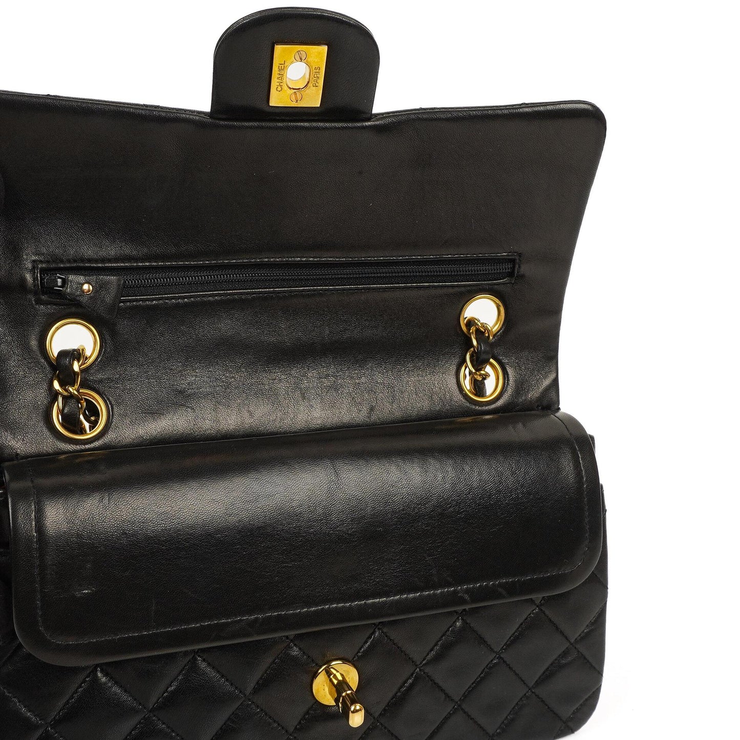 Chanel Vintage Small Classic Double Flap Bag aus schwarzem gestepptem Lammleder mit 24K goldplattierter Hardware