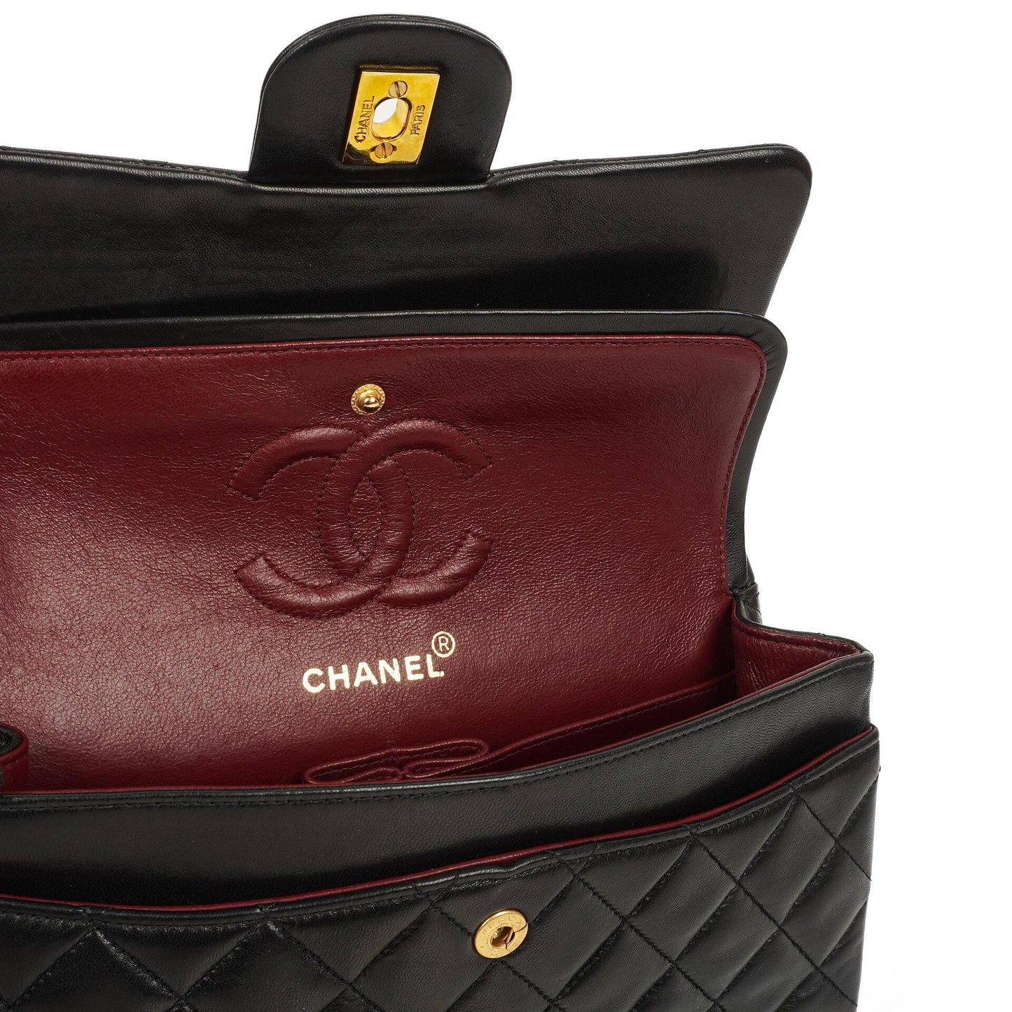 Chanel Vintage Small Classic Double Flap Bag aus schwarzem gestepptem Lammleder mit 24K goldplattierter Hardware