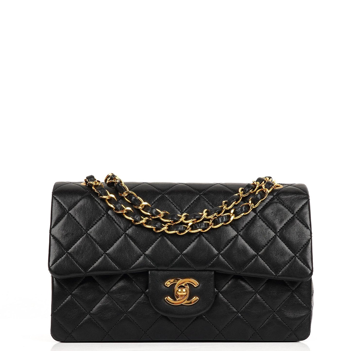 Chanel Vintage Kleine Klassische Doppelklappe Tasche Schwarzes Gequiltetes Lammleder Mit 24K Vergoldeter Hardware
