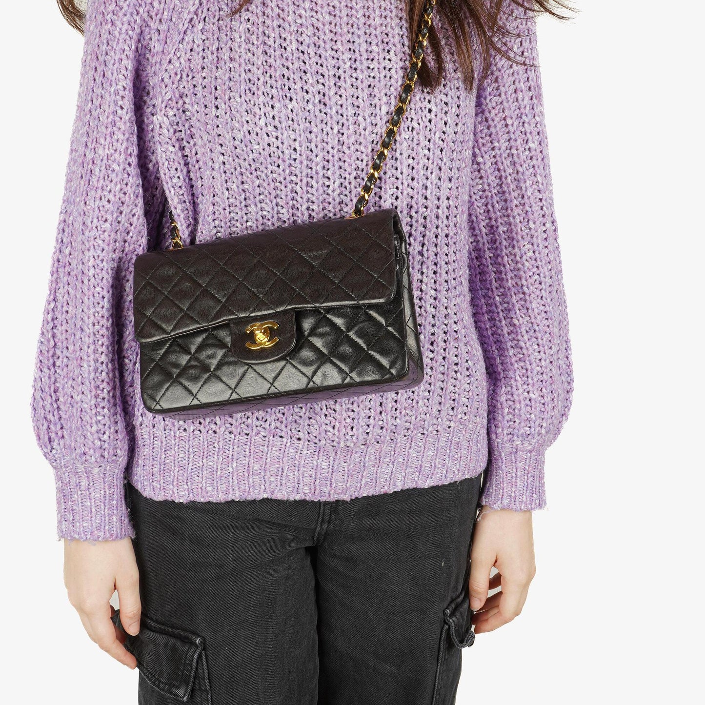 Chanel Vintage Kleine Klassische Doppelklappe Tasche Schwarzes Gequiltetes Lammleder Mit 24K Vergoldeter Hardware