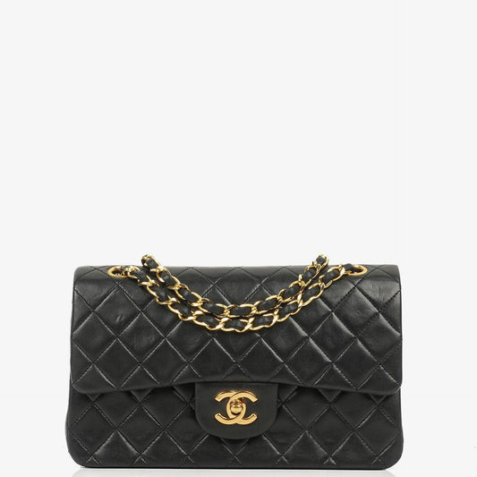 Chanel Vintage Kleine Klassische Doppelklappe Schwarzes Gequiltetes Lammleder 24K Vergoldete Hardware