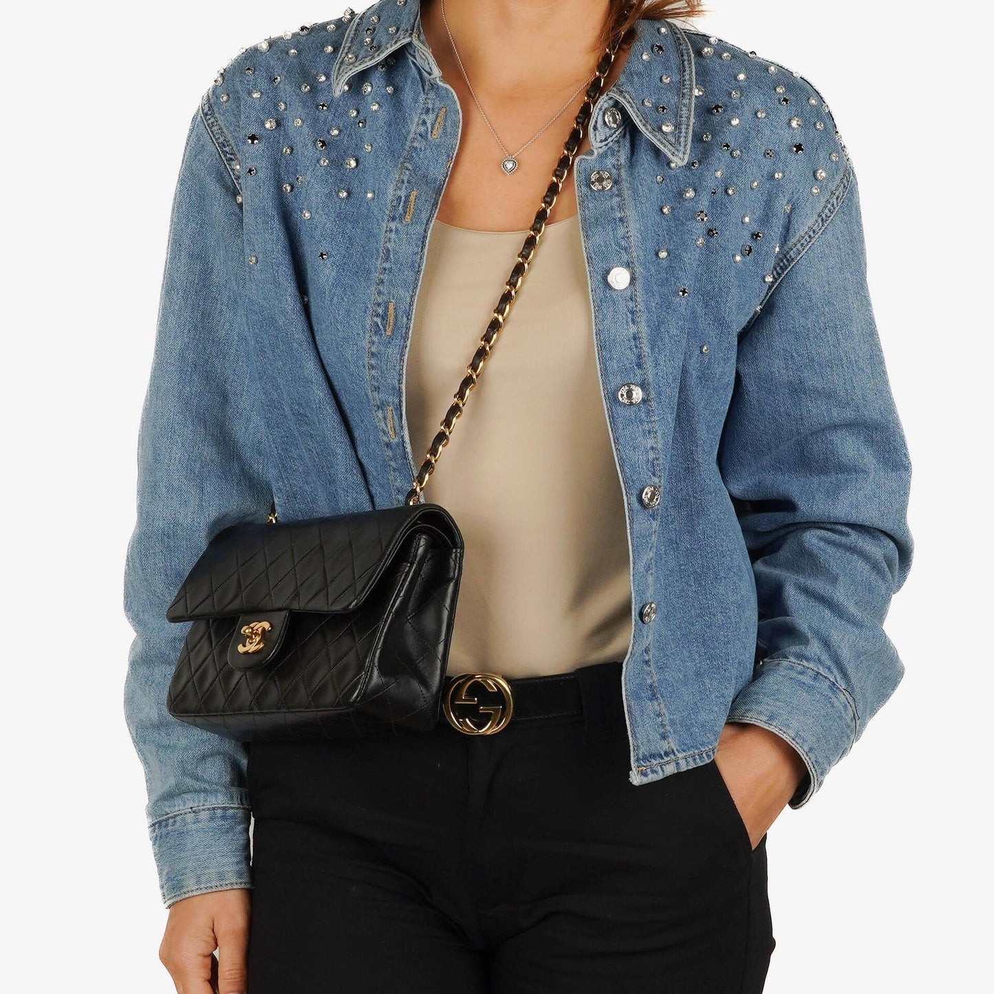 Chanel Vintage Kleine Klassische Doppelklappe Schwarzes Gequiltetes Lammleder 24K Vergoldete Hardware