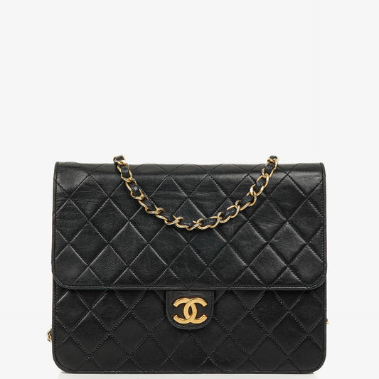 Chanel Vintage Classic kleine Single Flap Tasche aus schwarzem gestepptem Lammleder mit 24K vergoldeter Hardware