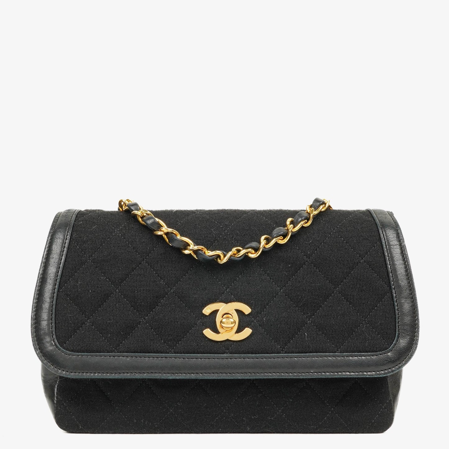 Chanel Vintage Small Single Flap Tasche aus schwarzem gestepptem Jersey und Leder mit 24K vergoldeter Hardware