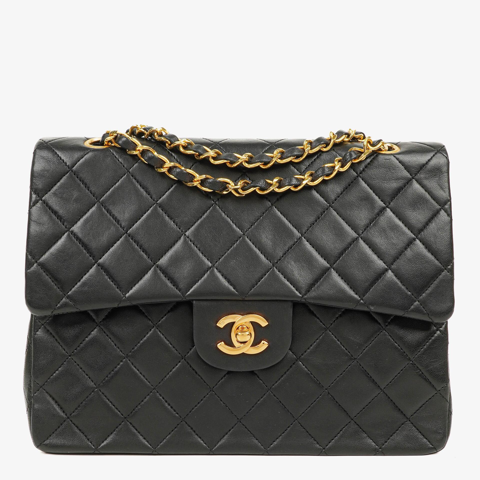 Chanel Vintage Quadratische Klassische Double Flap Tasche Schwarz Gestepptes Lammleder 24K Vergoldete Beschläge
