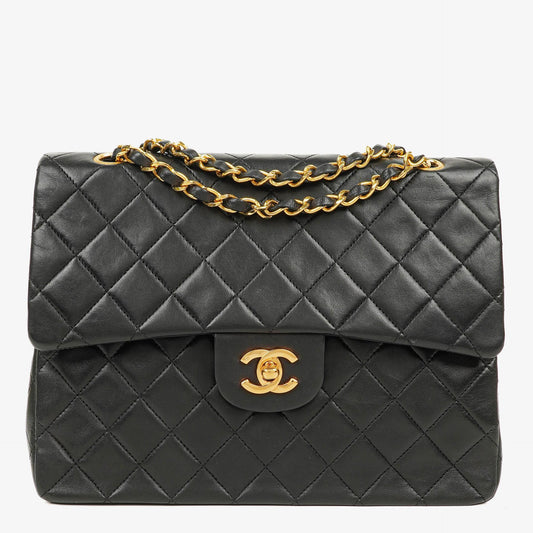 Chanel Vintage Quadratische Klassische Double Flap Tasche Schwarz Gestepptes Lammleder 24K Vergoldete Beschläge