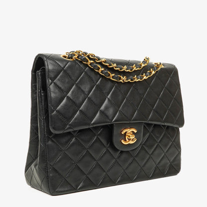 Chanel Vintage Quadratische Klassische Double Flap Tasche Schwarz Gestepptes Lammleder 24K Vergoldete Beschläge