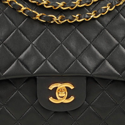 Chanel Vintage Quadratische Klassische Double Flap Tasche Schwarz Gestepptes Lammleder 24K Vergoldete Beschläge