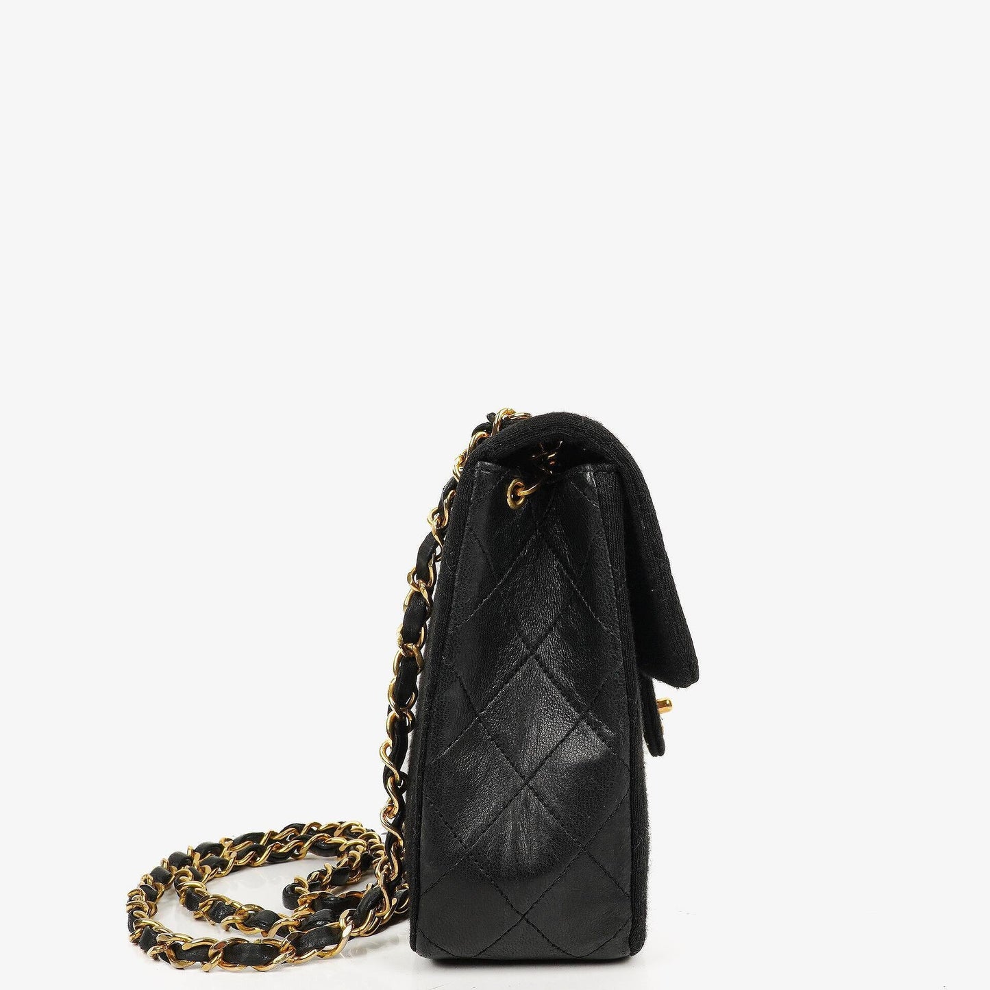 Chanel Vintage Square Single Flap Tasche aus schwarzem gestepptem Jersey und Leder mit 24K vergoldeten Beschlägen, 1989-1991