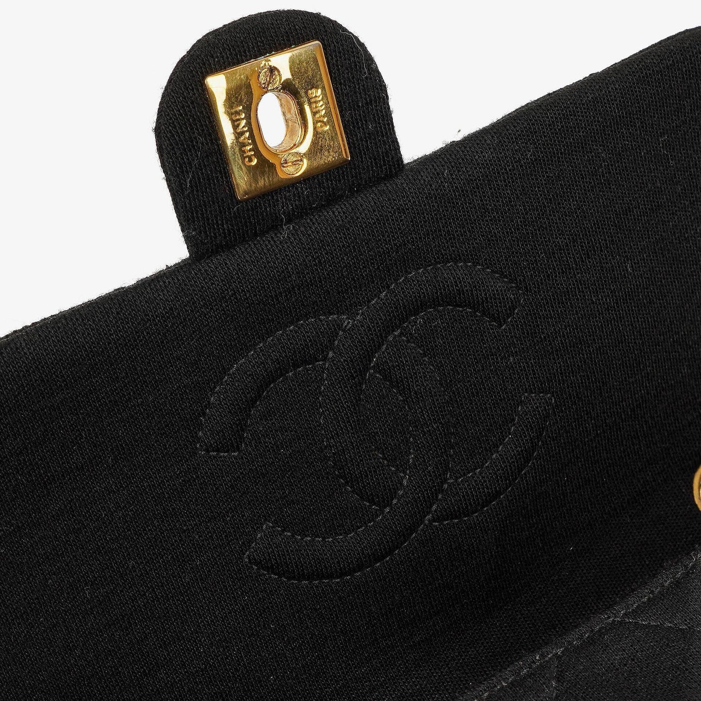 Chanel Vintage Square Single Flap Tasche aus schwarzem gestepptem Jersey und Leder mit 24K vergoldeten Beschlägen, 1989-1991