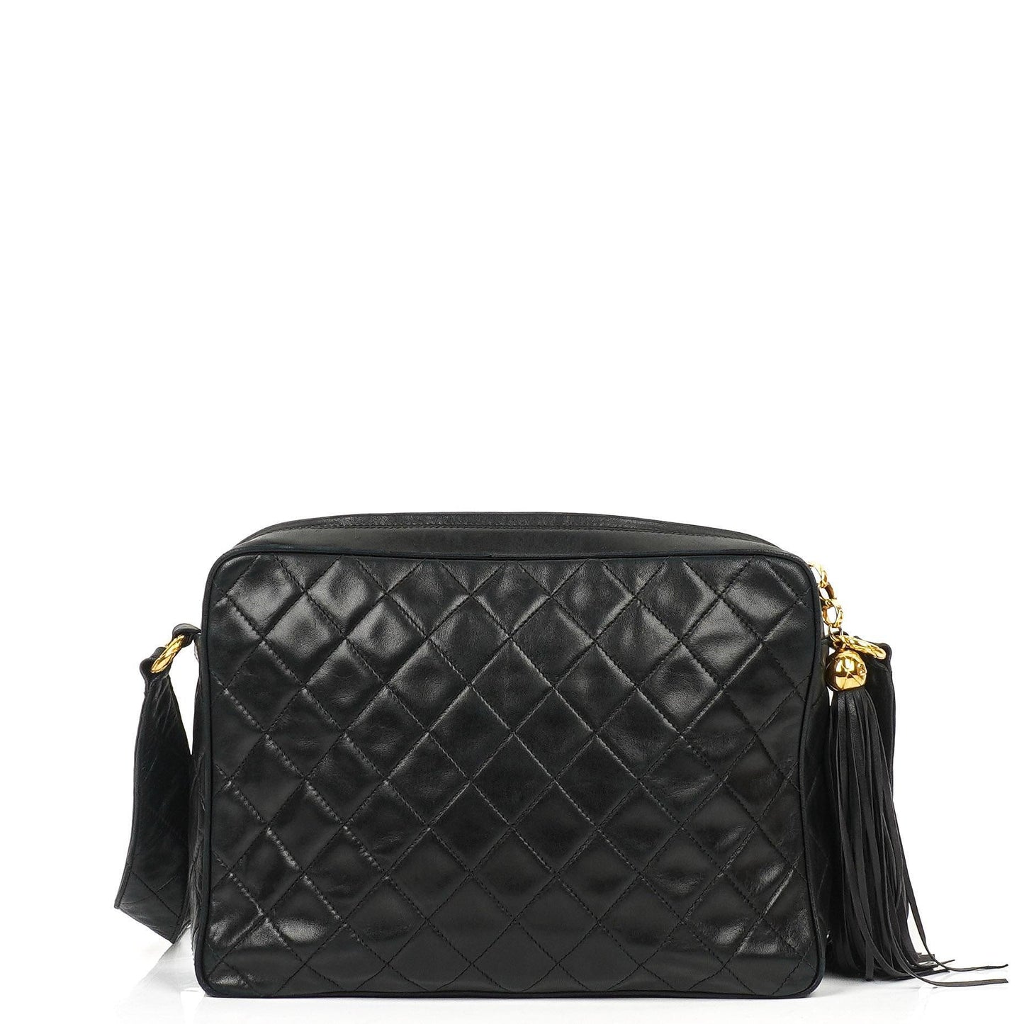 Chanel Vintage Tassel Camera Bag aus schwarzem gestepptem Lammleder mit goldfarbener Hardware