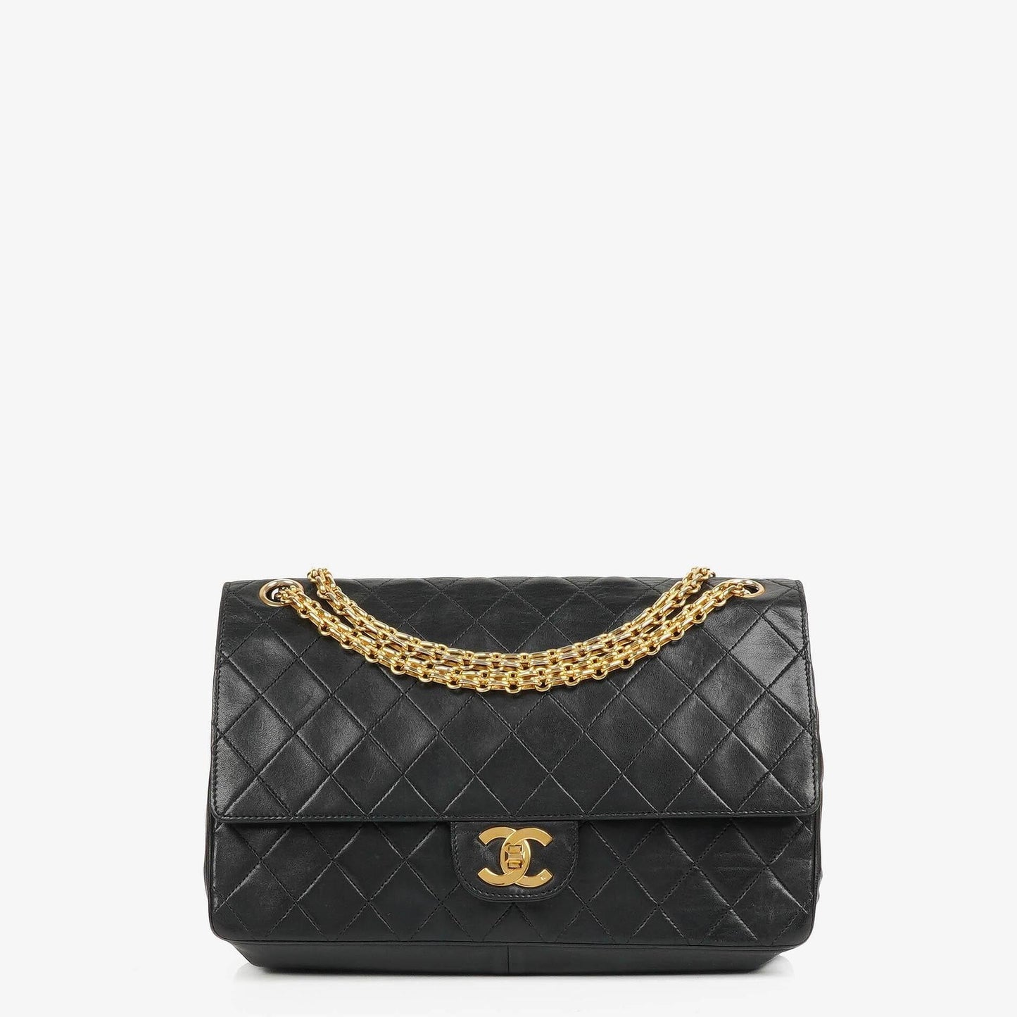 Chanel Vintage zeitlose klassische mittlere Doppelklappen-Tasche Schwarz gestepptes Lammleder mit 24K goldplattierter Hardware und Mademoiselle-Kette