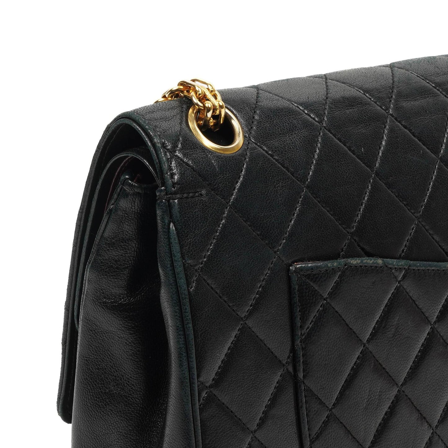 Chanel Vintage zeitlose klassische mittlere Doppelklappen-Tasche Schwarz gestepptes Lammleder mit 24K goldplattierter Hardware und Mademoiselle-Kette
