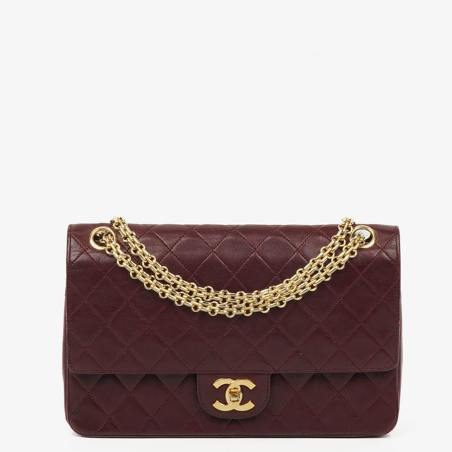 Chanel Vintage Zeitlos Klassisch Medium Doppelklapptasche Burgunder Gequiltetes Lammleder mit Goldfarbenem Hardware und Mademoiselle Kette