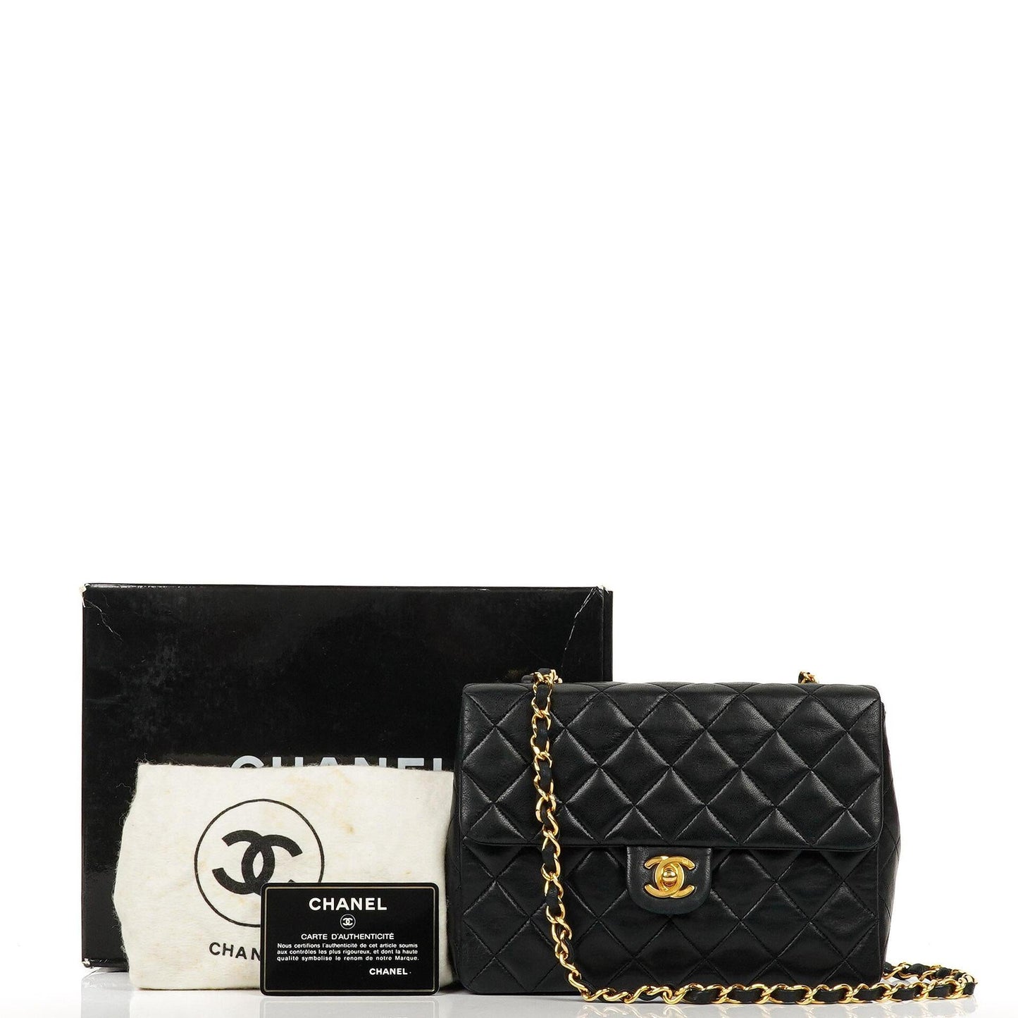 Chanel Vintage Timeless Classic Square Single Flap Bag aus schwarzem gestepptem Lammleder mit 24K goldplattierter Hardware
