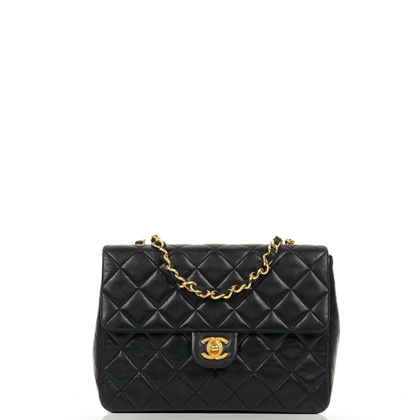 Chanel Vintage Timeless Classic Square Single Flap Bag aus schwarzem gestepptem Lammleder mit 24K goldplattierter Hardware