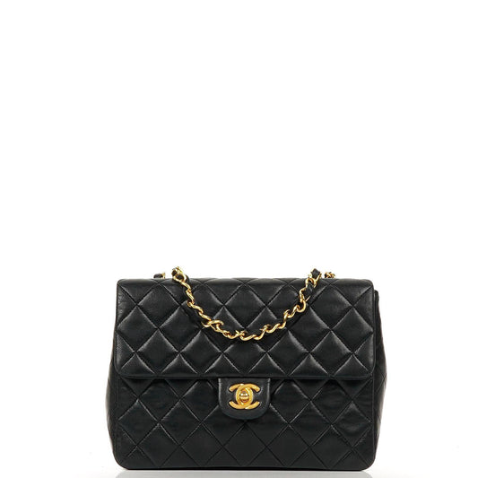 Chanel Vintage Timeless Classic Square Single Flap Bag aus schwarzem gestepptem Lammleder mit 24K goldplattierter Hardware